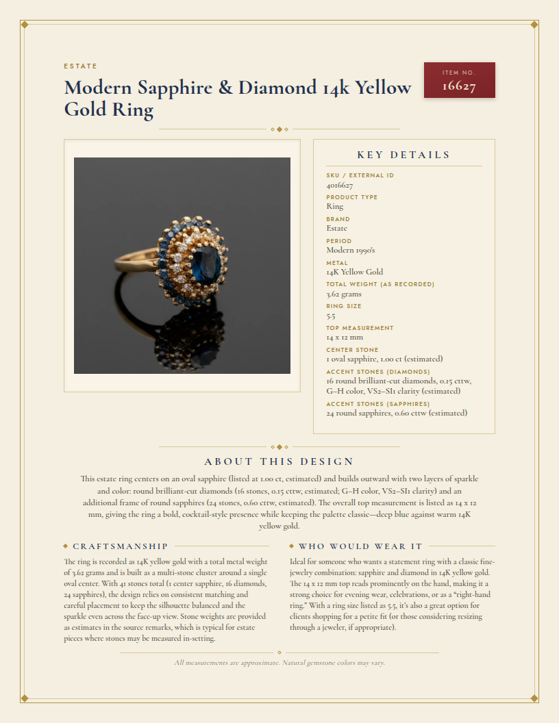 Modern Sapphire & Diamond 14k Yellow Gold Ring — anatomy card