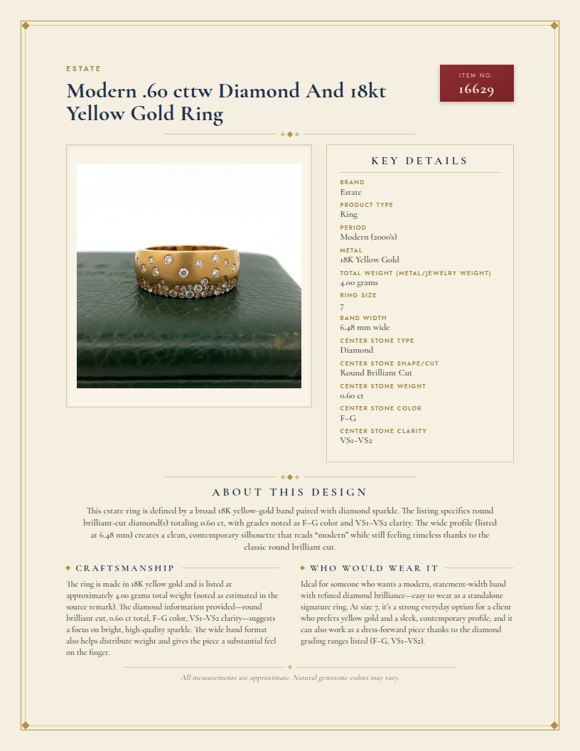 Modern .60 cttw Diamond And 18kt Yellow Gold Ring — anatomy card