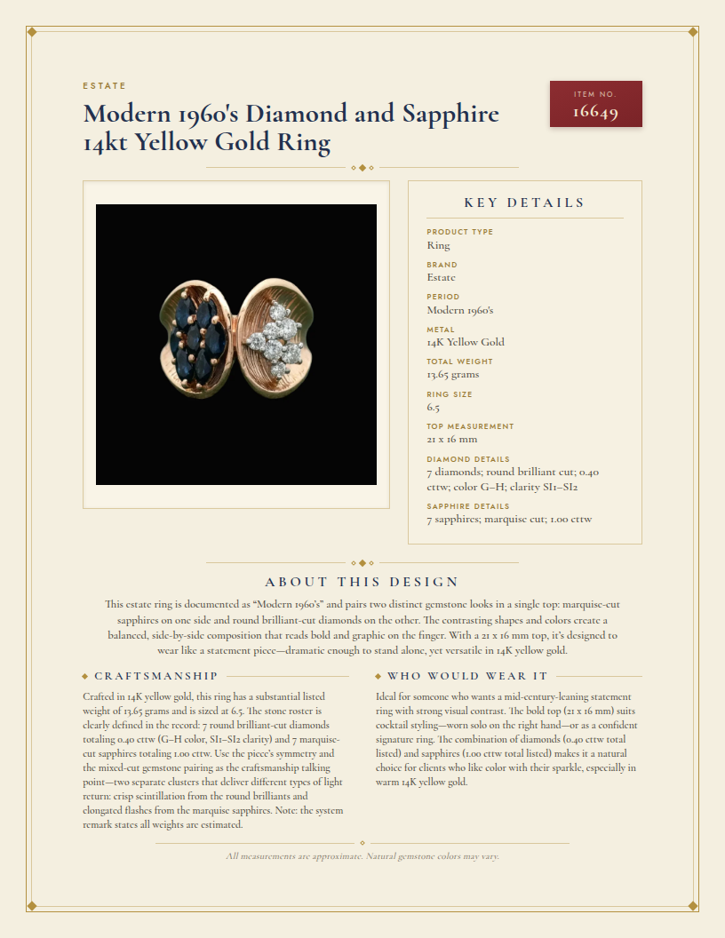 Modern 1960's Diamond and Sapphire 14kt Yellow Gold Ring — anatomy card