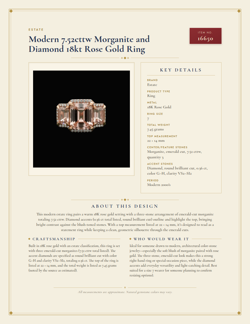 Modern 7.52cttw Morganite and Diamond 18kt Rose Gold Ring — anatomy card