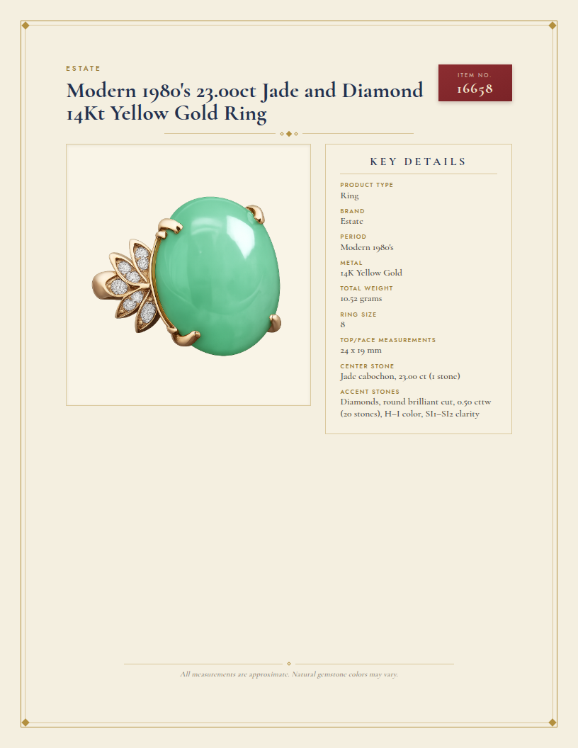Modern 1980's 23.00ct Jade and Diamond 14Kt Yellow Gold Ring — anatomy card