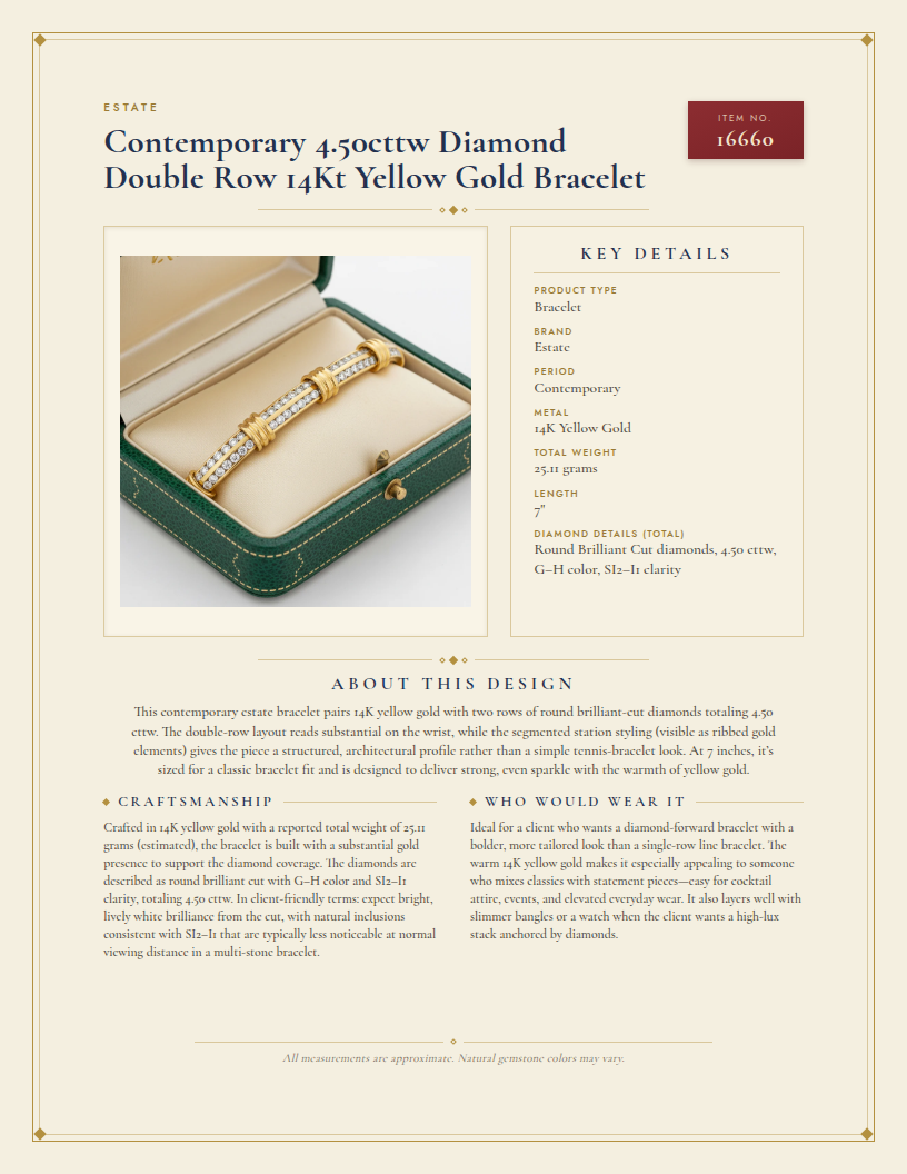 Contemporary 4.50cttw Diamond Double Row 14Kt Yellow Gold Bracelet — anatomy card