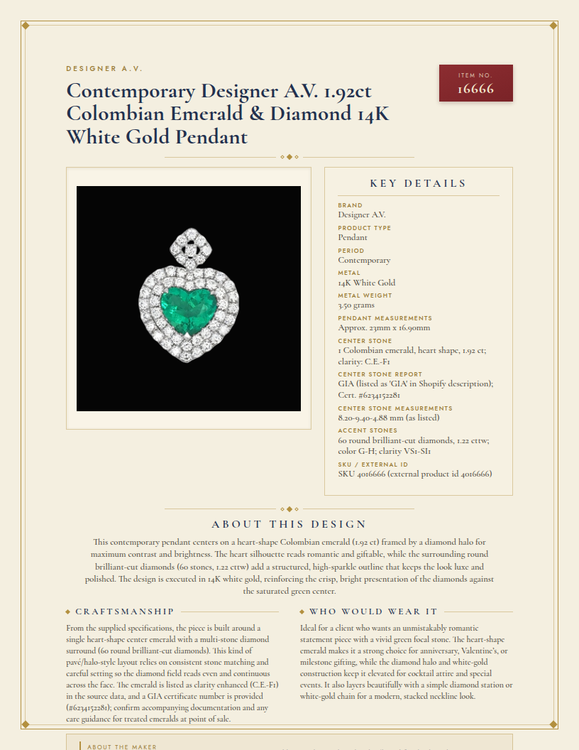 Contemporary Designer A.V. 1.92ct Colombian Emerald & Diamond 14K White Gold Pendant — anatomy card