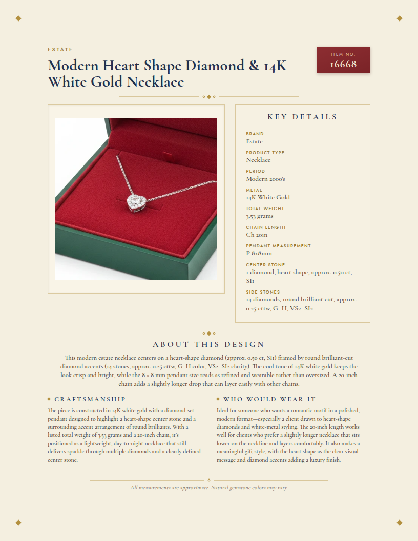 Modern Heart Shape Diamond & 14K White Gold Necklace — anatomy card