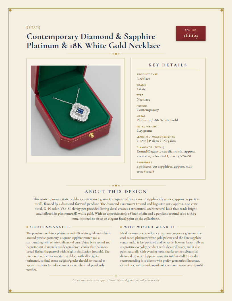 Contemporary Diamond & Sapphire Platinum & 18K White Gold Necklace — anatomy card