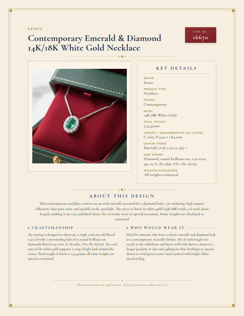 Contemporary Emerald & Diamond 14K/18K White Gold Necklace — anatomy card