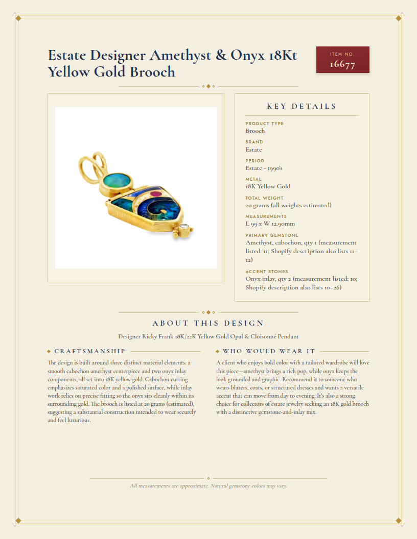 Estate Designer Amethyst & Onyx 18Kt Yellow Gold Brooch — anatomy card