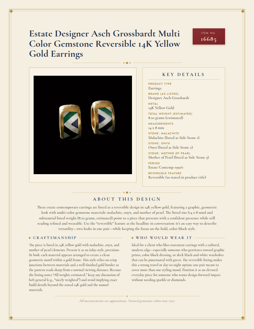 Estate Designer Asch Grossbardt Multi Color Gemstone Reversible 14K Yellow Gold Earrings — anatomy card