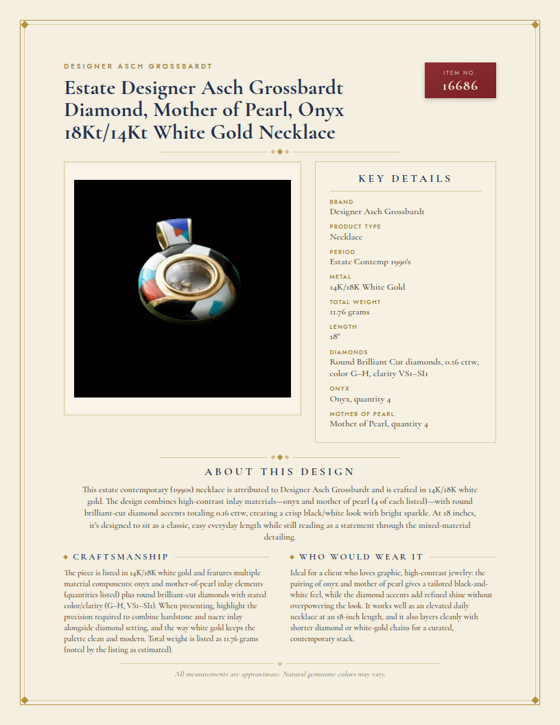 Estate Designer Asch Grossbardt Diamond, Mother of Pearl, Onyx 18Kt/14Kt White Gold Necklace — anatomy card