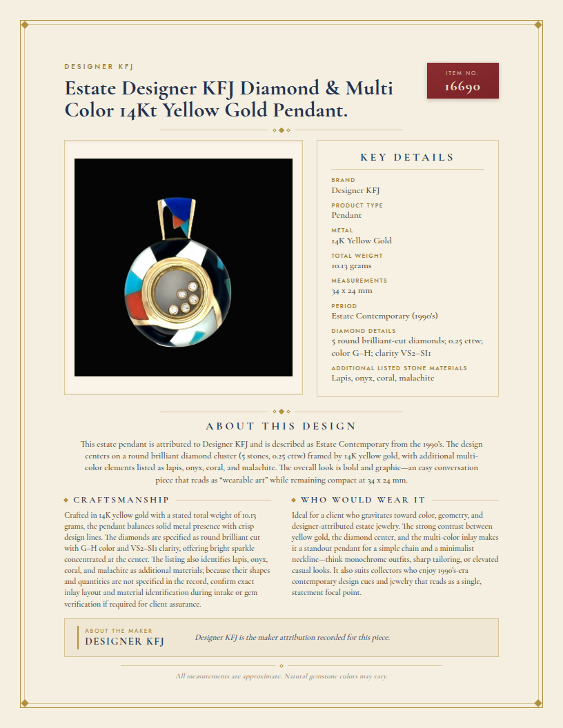 Estate Designer KFJ Diamond & Multi Color 14Kt Yellow Gold Pendant. — anatomy card