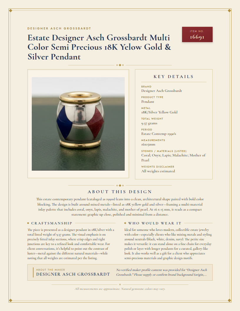 Estate Designer Asch Grossbardt Multi Color Semi Precious 18K Yelow Gold & Silver Pendant — anatomy card