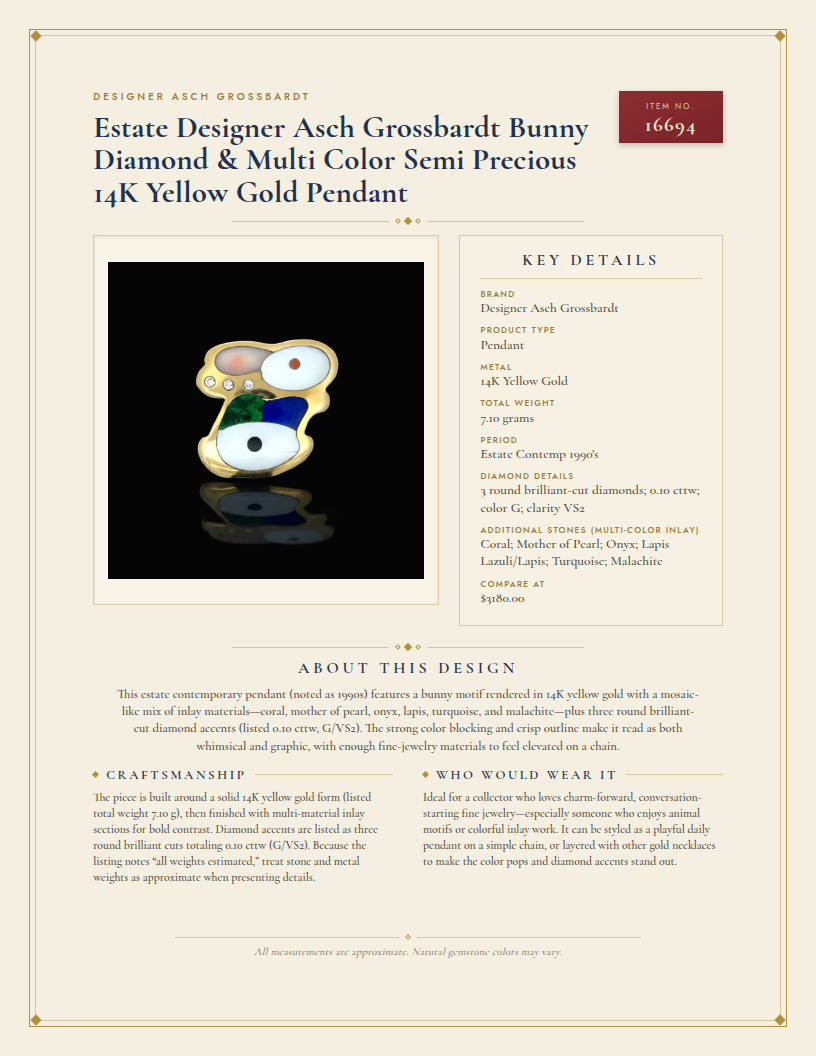 Estate Designer Asch Grossbardt Bunny Diamond & Multi Color Semi Precious 14K Yellow Gold Pendant — anatomy card