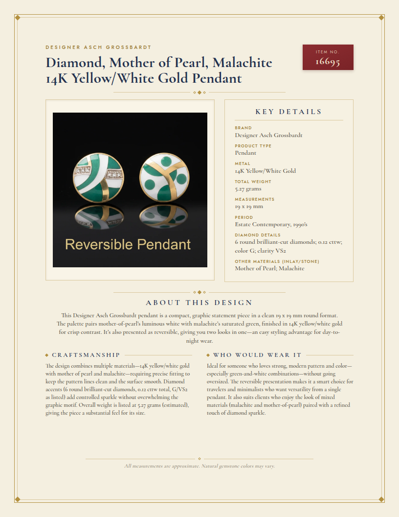 Designer Asch Grossbardt Diamond, Mother of Pearl, Malachite 14K Yellow/White Gold Pendant — anatomy card