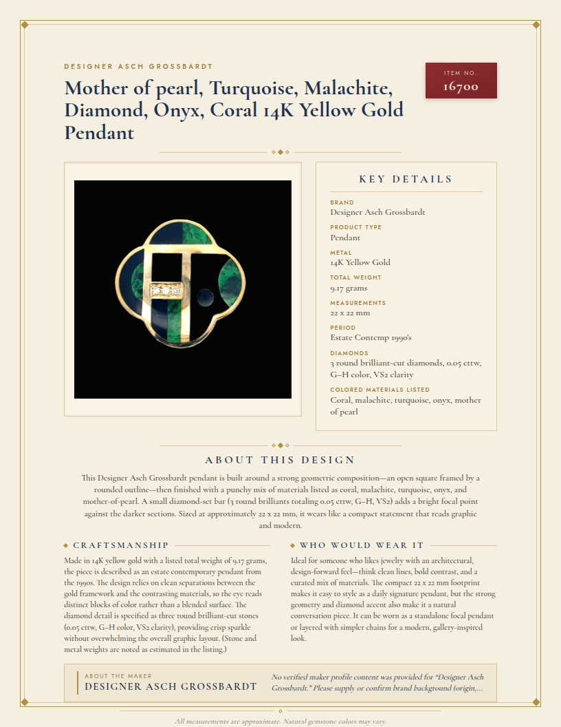 Designer Asch Grossbardt Mother of pearl, Turquoise, Malachite, Diamond, Onyx, Coral 14K Yellow Gold Pendant — anatomy card