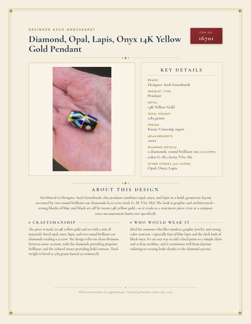 Designer Asch Grossbardt Diamond, Opal, Lapis, Onyx 14K Yellow Gold Pendant — anatomy card