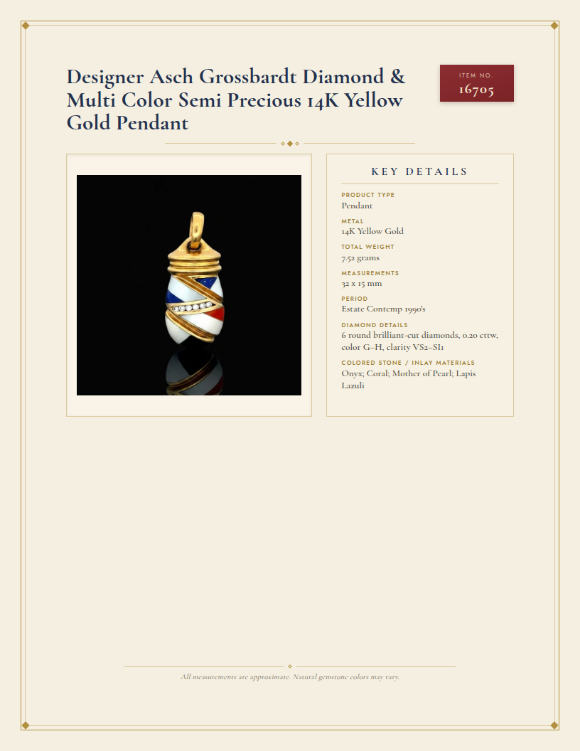 Designer Asch Grossbardt Diamond & Multi Color Semi Precious 14K Yellow Gold Pendant — anatomy card