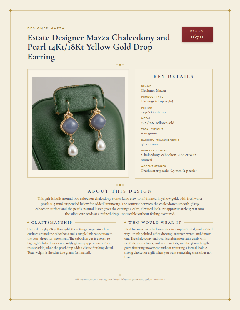 Estate Designer Mazza Chalcedony and Pearl 14Kt/18Kt Yellow Gold Drop Earring — anatomy card