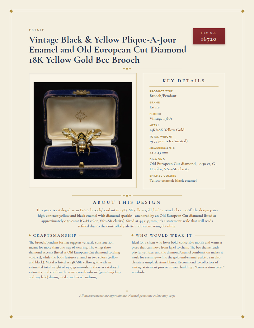 Vintage Black & Yellow Plique-A-Jour Enamel and Old European Cut Diamond 18K Yellow Gold Bee Brooch — anatomy card