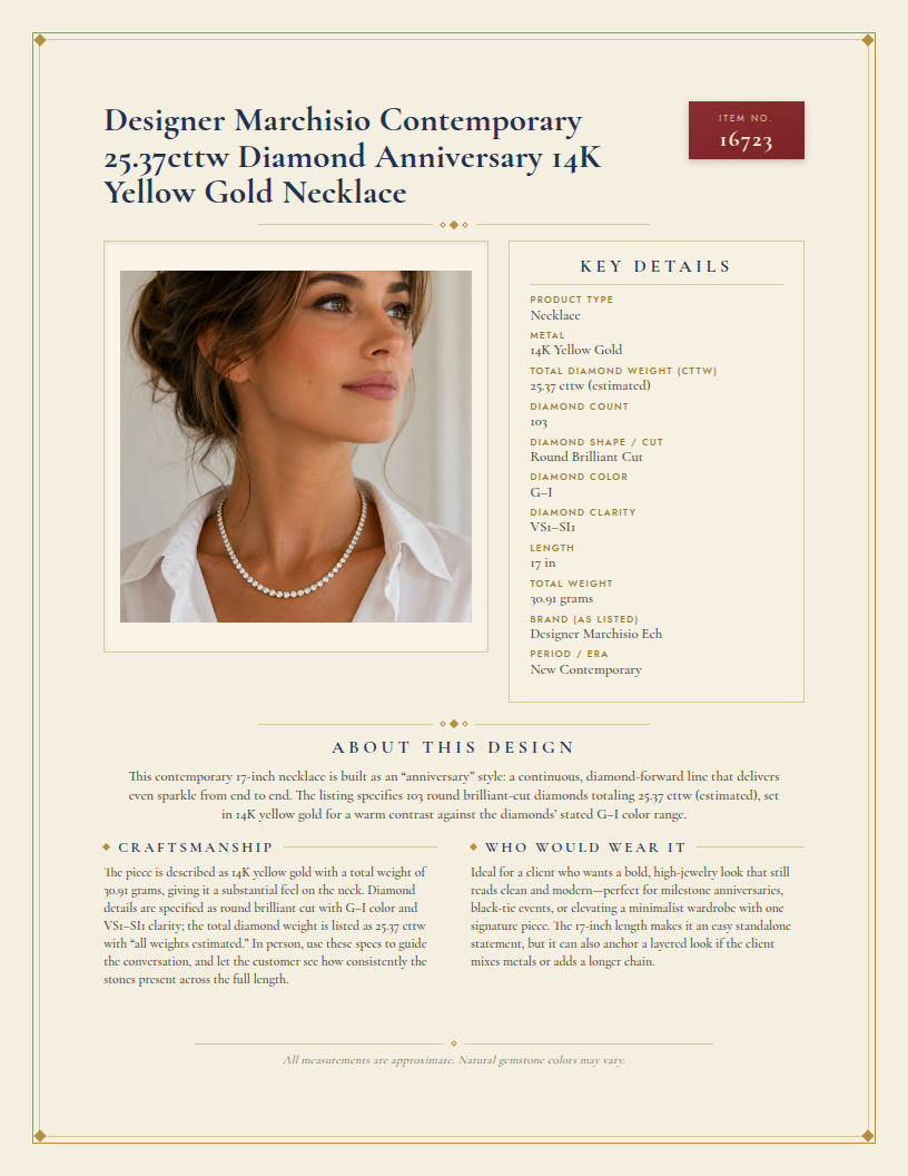 Designer Marchisio Contemporary 25.37cttw Diamond Anniversary 14K Yellow Gold Necklace — anatomy card