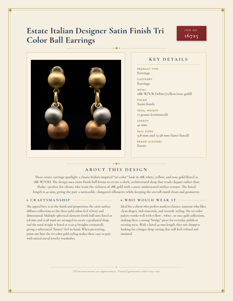 Estate Italian Designer Satin Finish Tri Color Ball Earrings — anatomy card