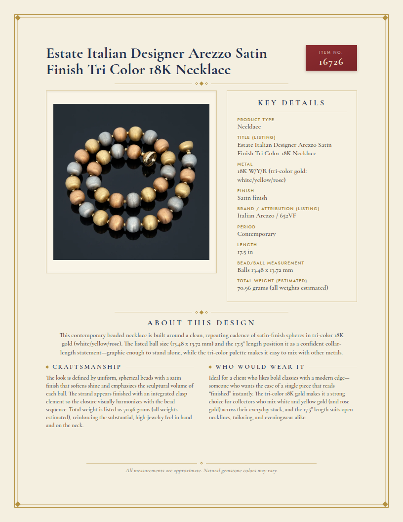 Estate Italian Designer Arezzo Satin Finish Tri Color 18K Necklace — anatomy card
