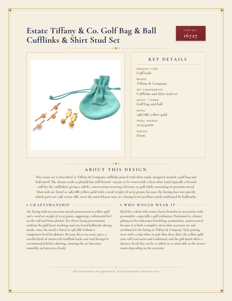 Estate Tiffany & Co. Golf Bag & Ball Cufflinks & Shirt Stud Set — anatomy card