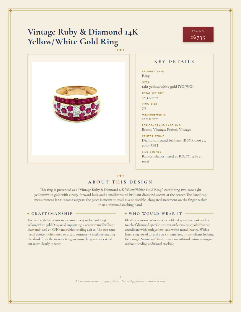 Vintage Ruby & Diamond 14K Yellow/White Gold Ring — anatomy card