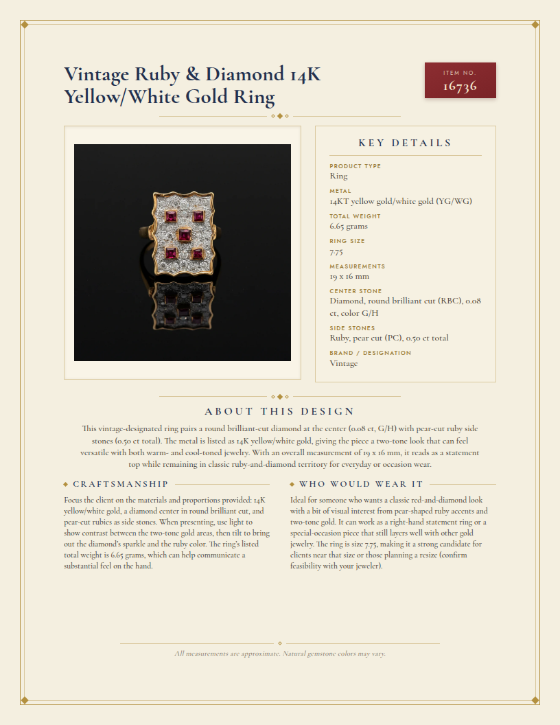 Vintage Ruby & Diamond 14K Yellow/White Gold Ring — anatomy card