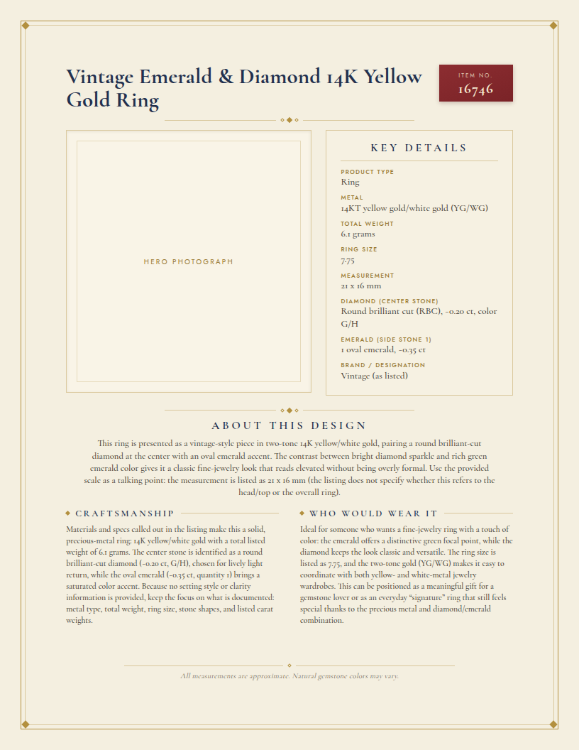 Vintage Emerald & Diamond 14K Yellow Gold Ring — anatomy card