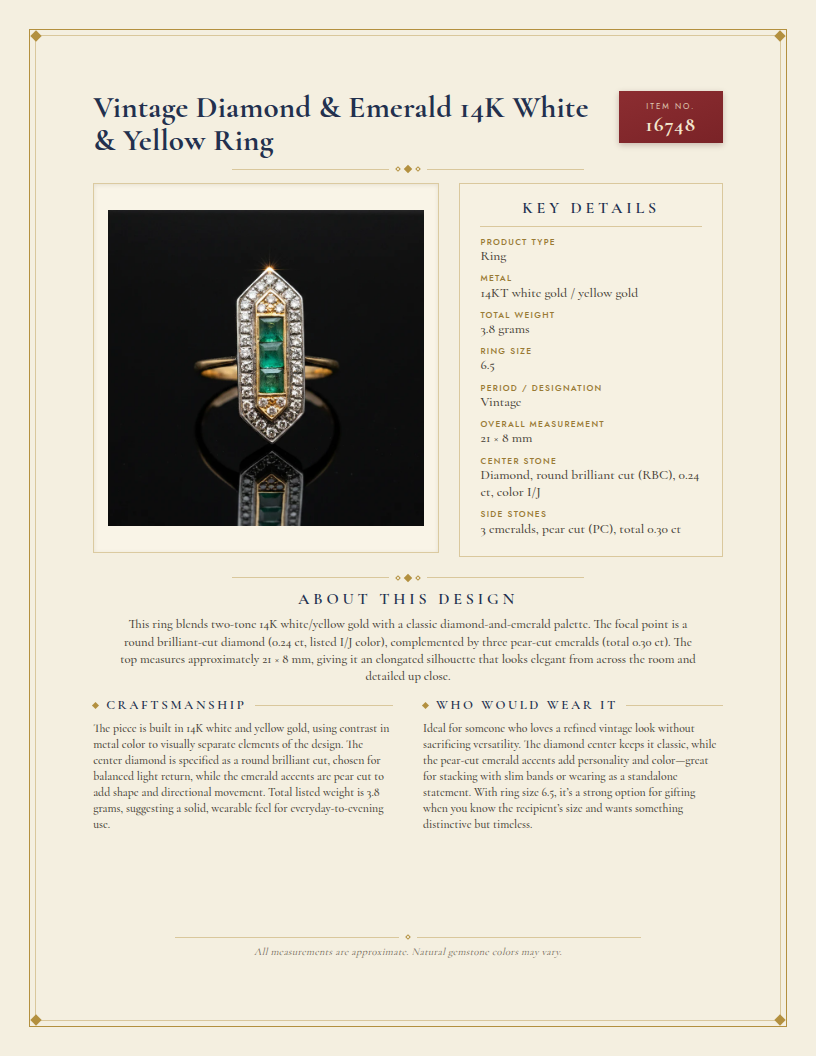 Vintage Diamond & Emerald 14K White & Yellow Ring — anatomy card