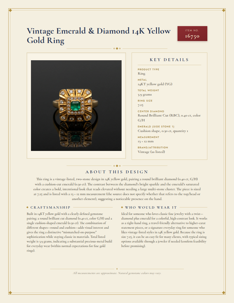 Vintage Emerald & Diamond 14K Yellow Gold Ring — anatomy card
