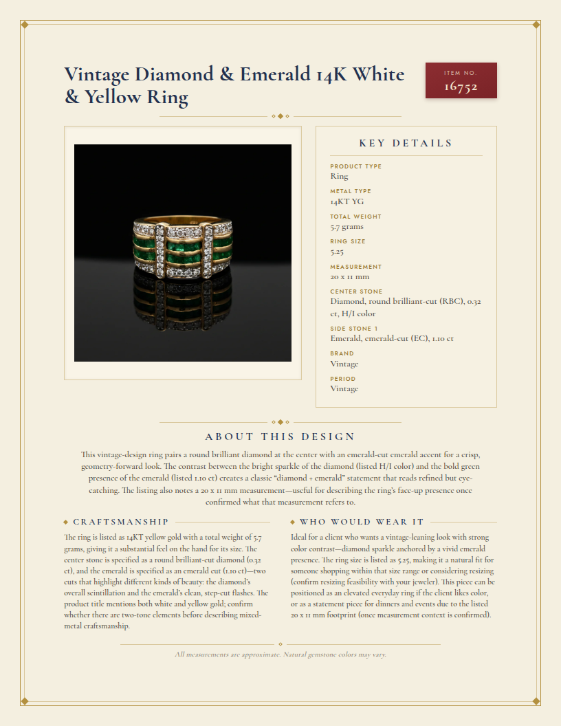 Vintage Diamond & Emerald 14K White & Yellow Ring — anatomy card