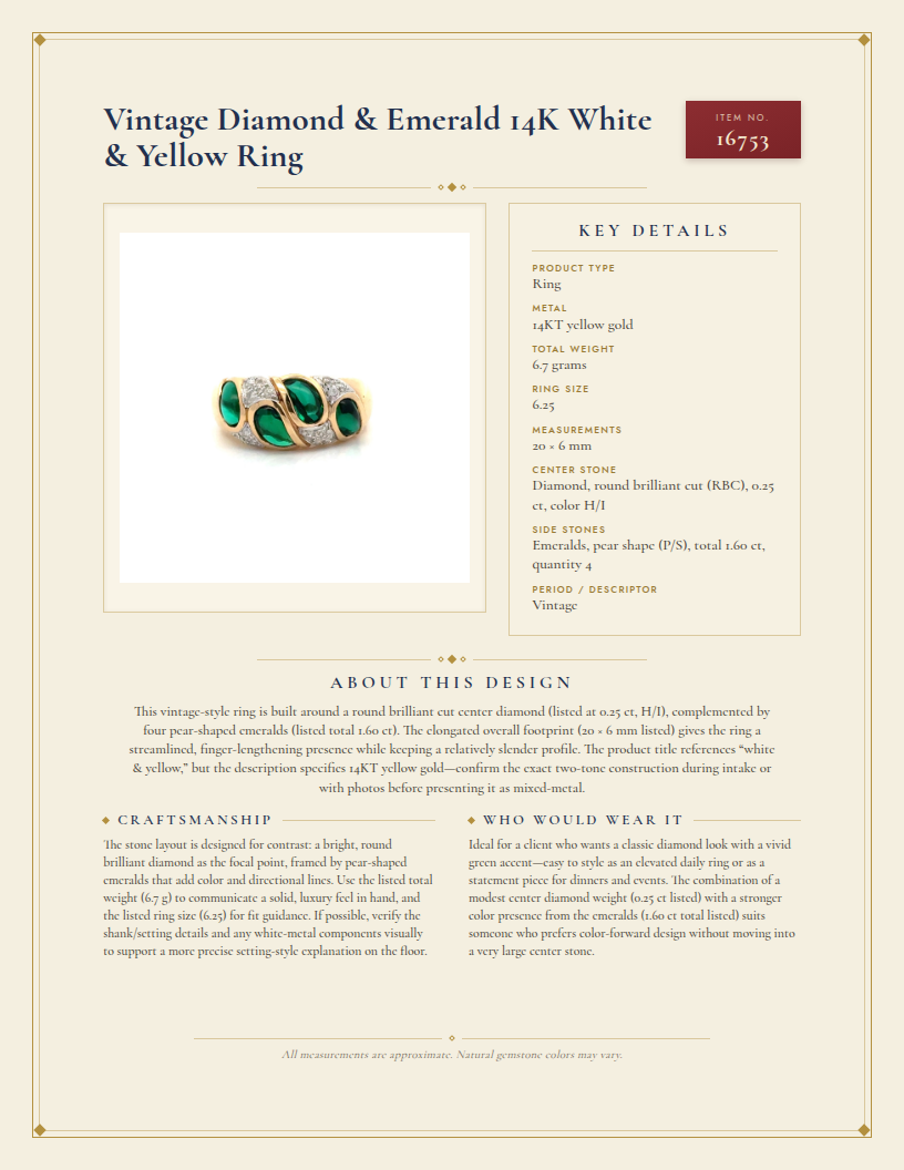 Vintage Diamond & Emerald 14K White & Yellow Ring — anatomy card