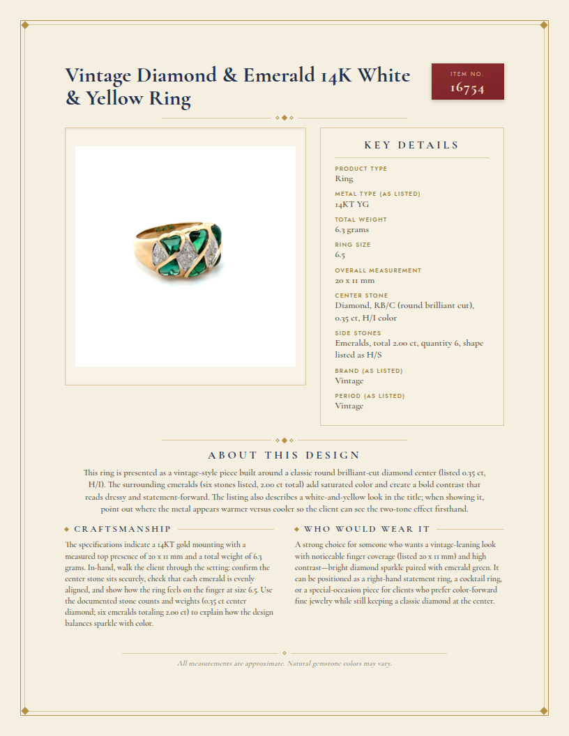 Vintage Diamond & Emerald 14K White & Yellow Ring — anatomy card