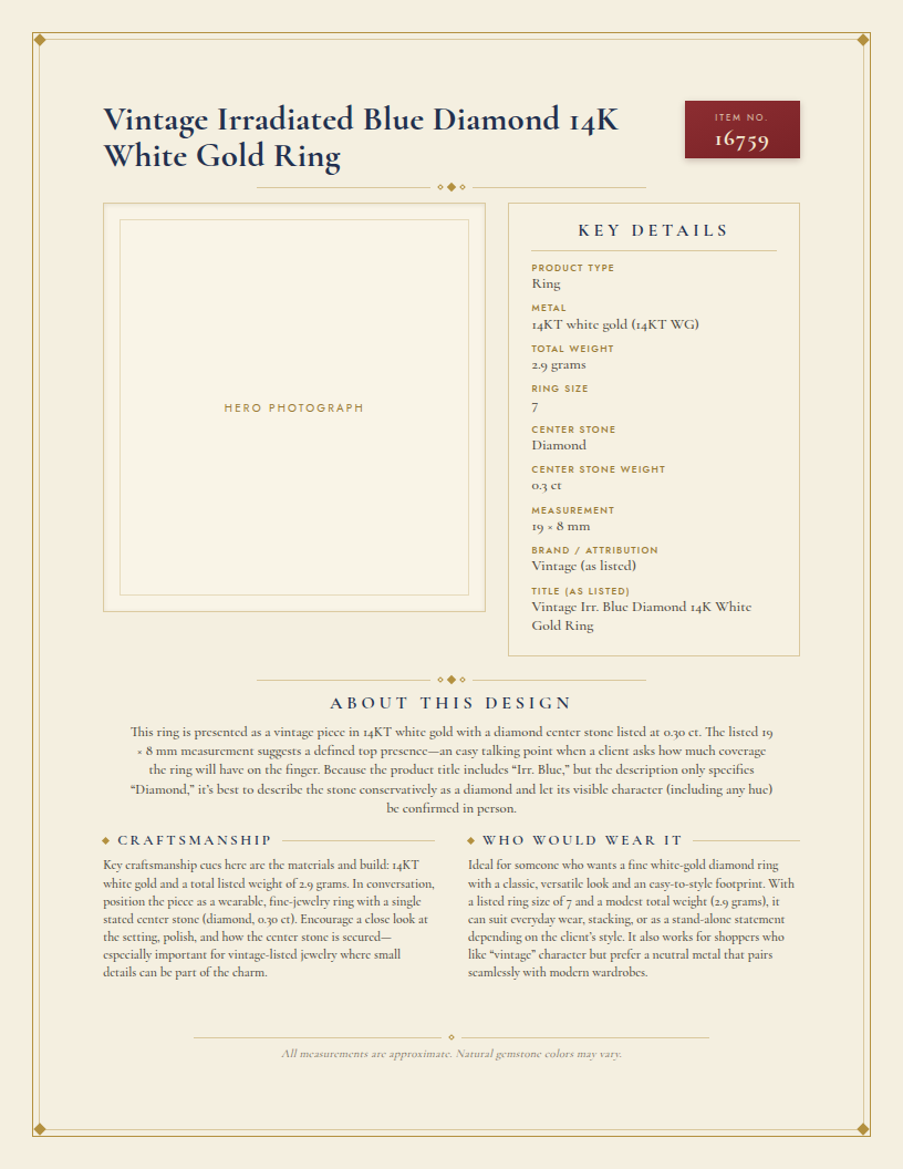 Vintage Irr. Blue Diamond 14K White Gold Ring — anatomy card