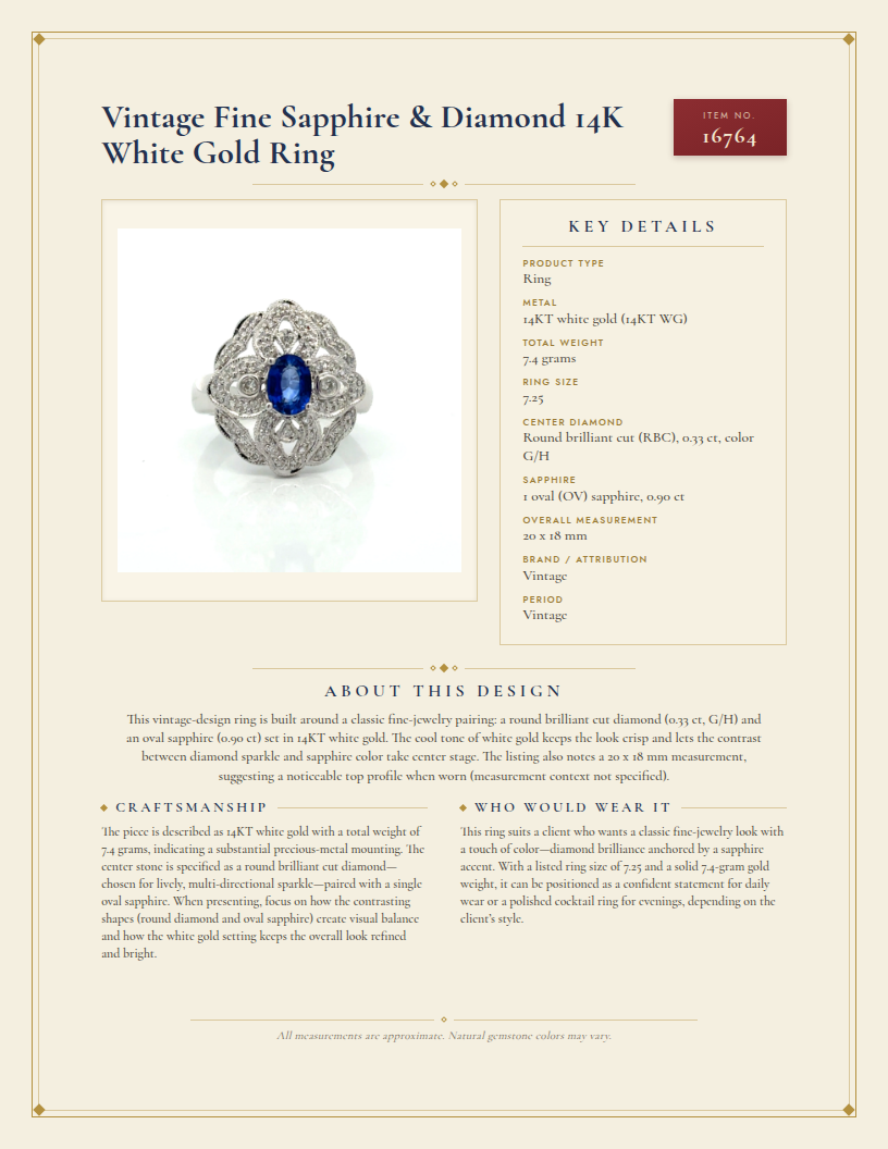 Vintage Fine Sapphire & Diamond 14K White Gold Ring — anatomy card