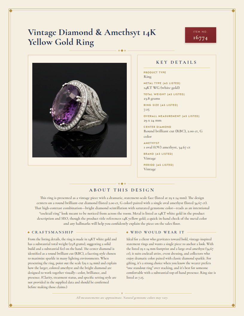 Vintage Diamond & Amethyst 14K Yellow Gold Ring — anatomy card