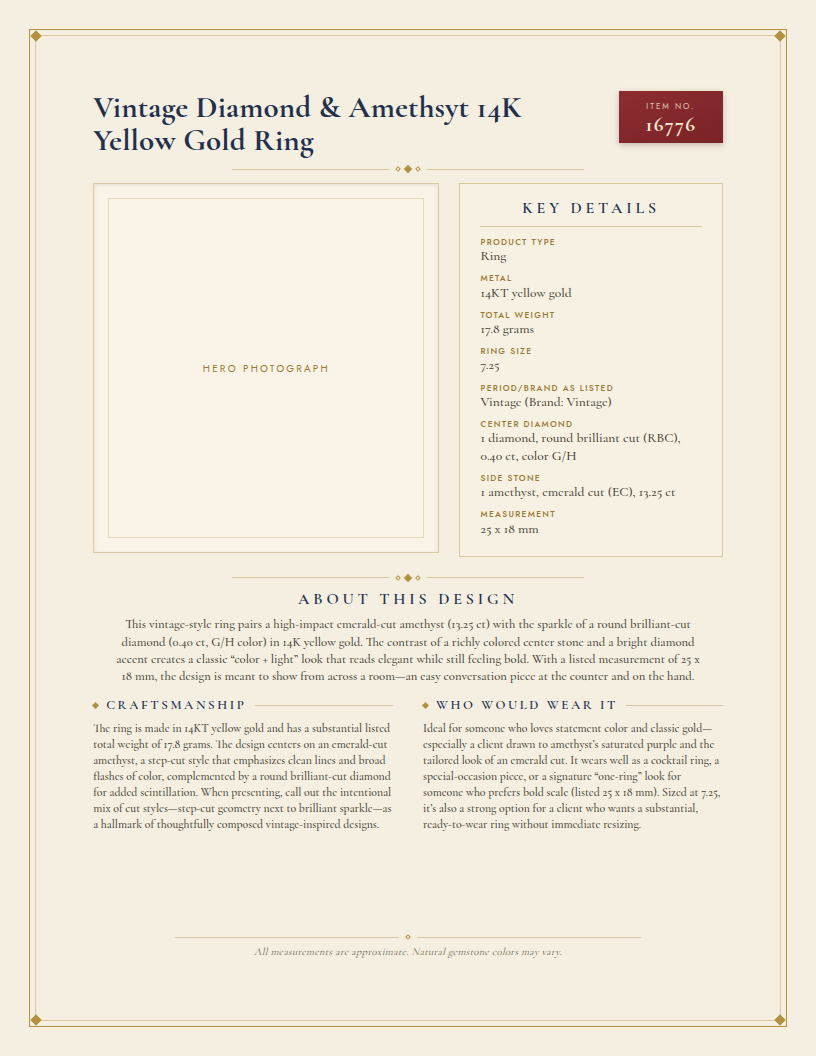 Vintage Diamond & Amethyst 14K Yellow Gold Ring — anatomy card