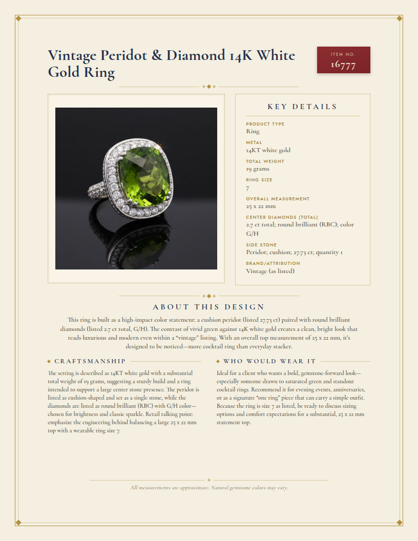 Vintage Peridot & Diamond 14K White Gold Ring — anatomy card