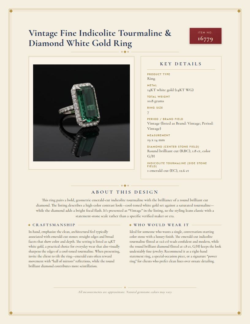 Vintage Fine Indicolite Tourmaline & Diamond White Gold Ring — anatomy card