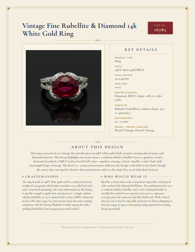 Vintage Fine Rubellite & Diamond 14k White Gold Ring — anatomy card