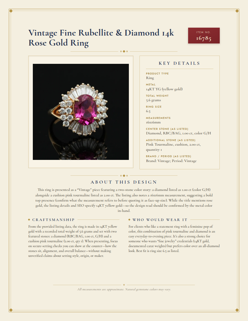Vintage Fine Rubellite & Diamond 14k Rose Gold Ring — anatomy card
