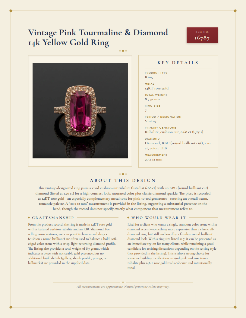 Vintage Pink Tourmaline & Diamond 14k Yellow Gold Ring — anatomy card