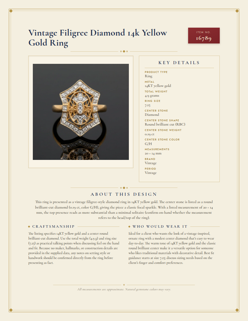 Vintage Filigree Diamond 14k Yellow Gold Ring — anatomy card