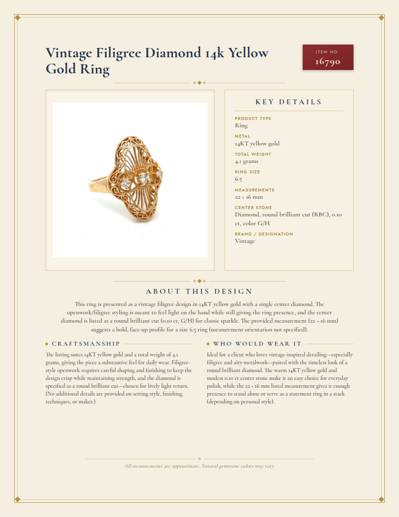 Vintage Filigree Diamond 14k Yellow Gold Ring — anatomy card