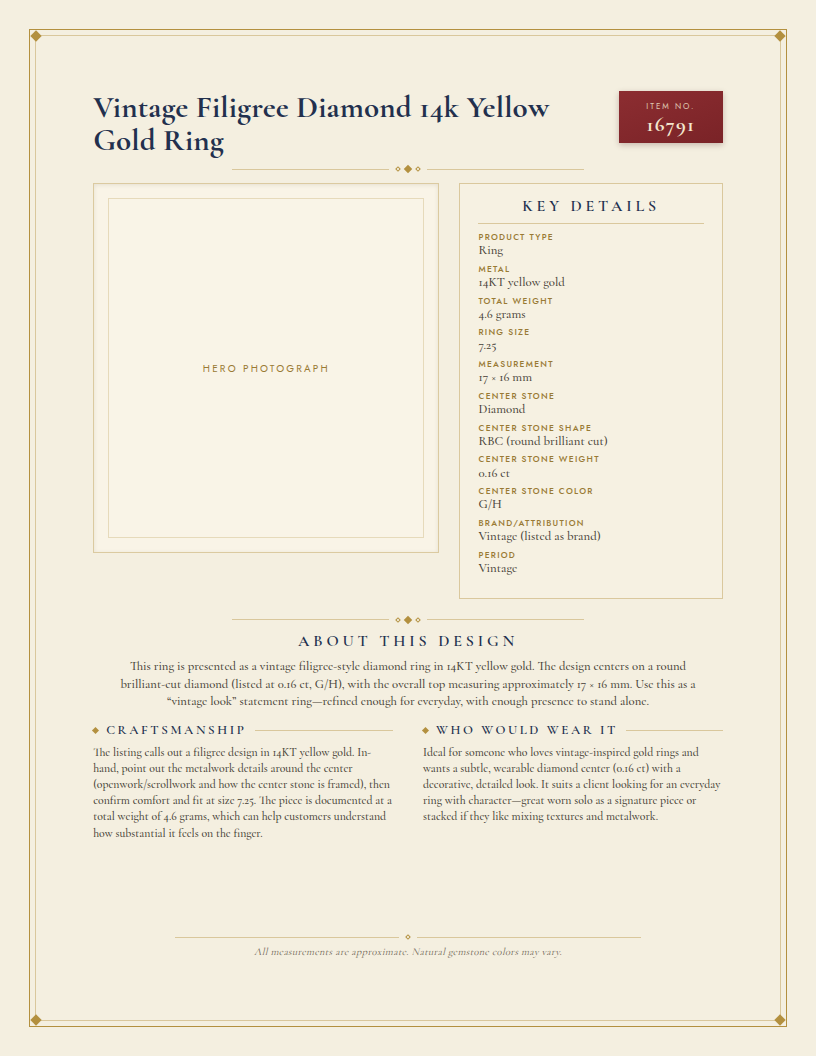 Vintage Filigree Diamond 14k Yellow Gold Ring — anatomy card