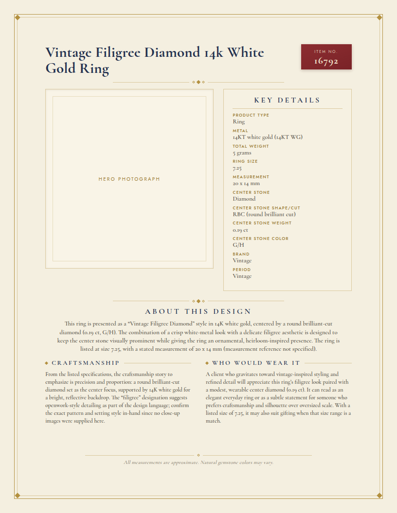 Vintage Filigree Diamond 14k White Gold Ring — anatomy card