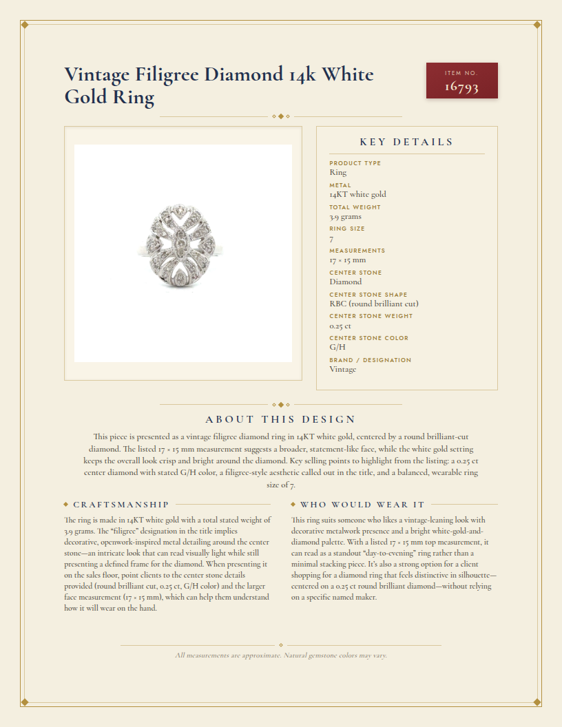 Vintage Filigree Diamond 14k White Gold Ring — anatomy card
