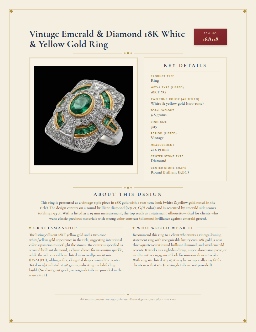 Vintage Emerald & Diamond 18K White & Yellow Gold Ring — anatomy card