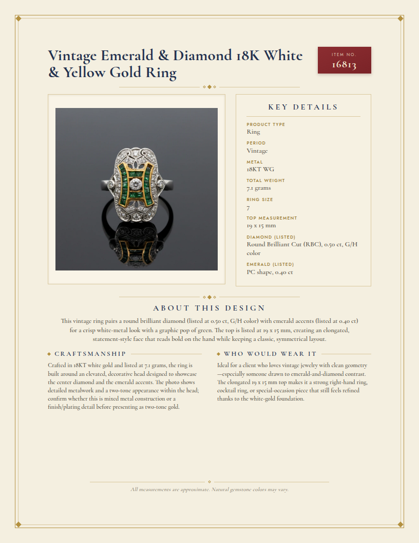 Vintage Emerald & Diamond 18K White & Yellow Gold Ring — anatomy card